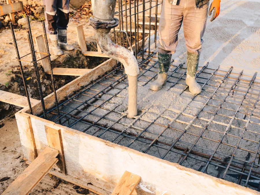 Concrete being placed over a tied rebar mat in formed footings